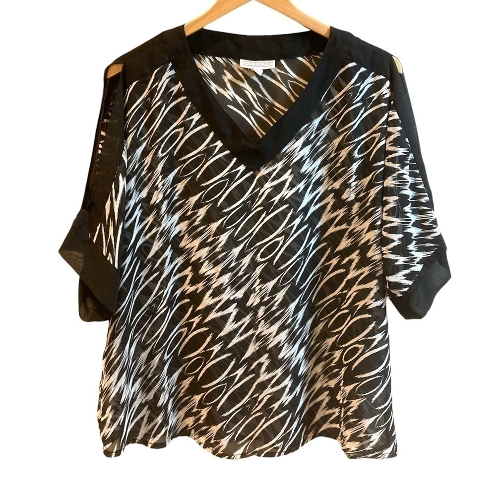 Dana Buchman medium blouse black and white sheer cold shoulder short sleeve